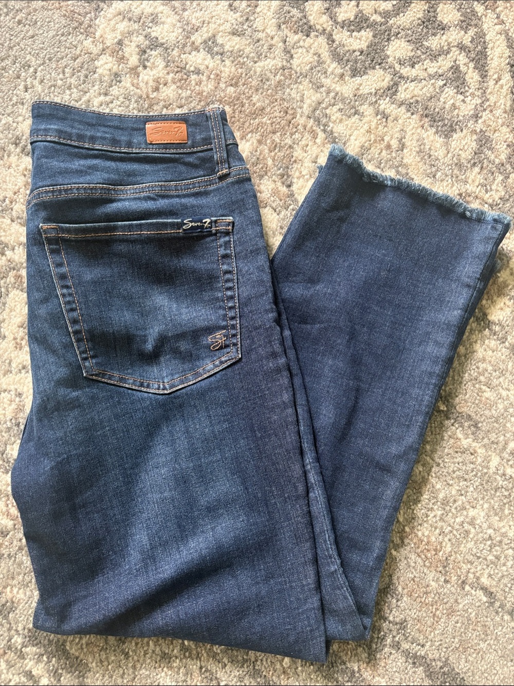 Seven7 Dark Blue Cropped Straight-Leg Jeans with Raw Hem